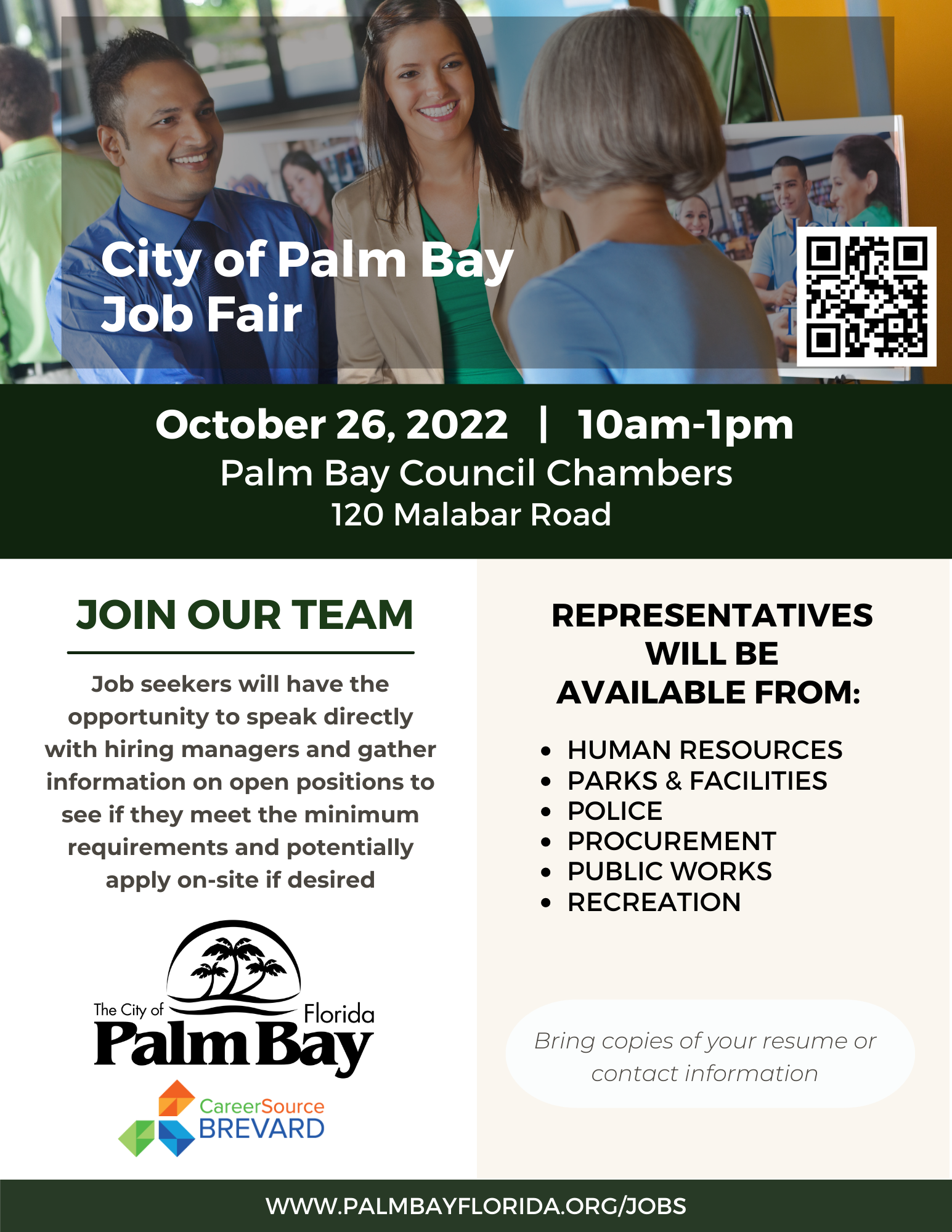 2022 Job Fair Flyer. Representatives from Human Resource, Parks & Facilities, Police, Procurement, Public Works and Recreation will be available.